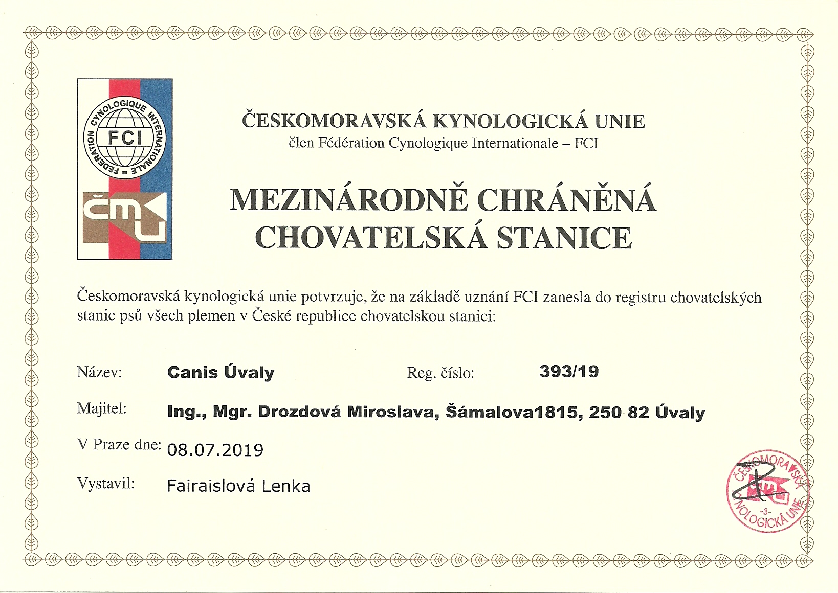 CanisUvaly certificate